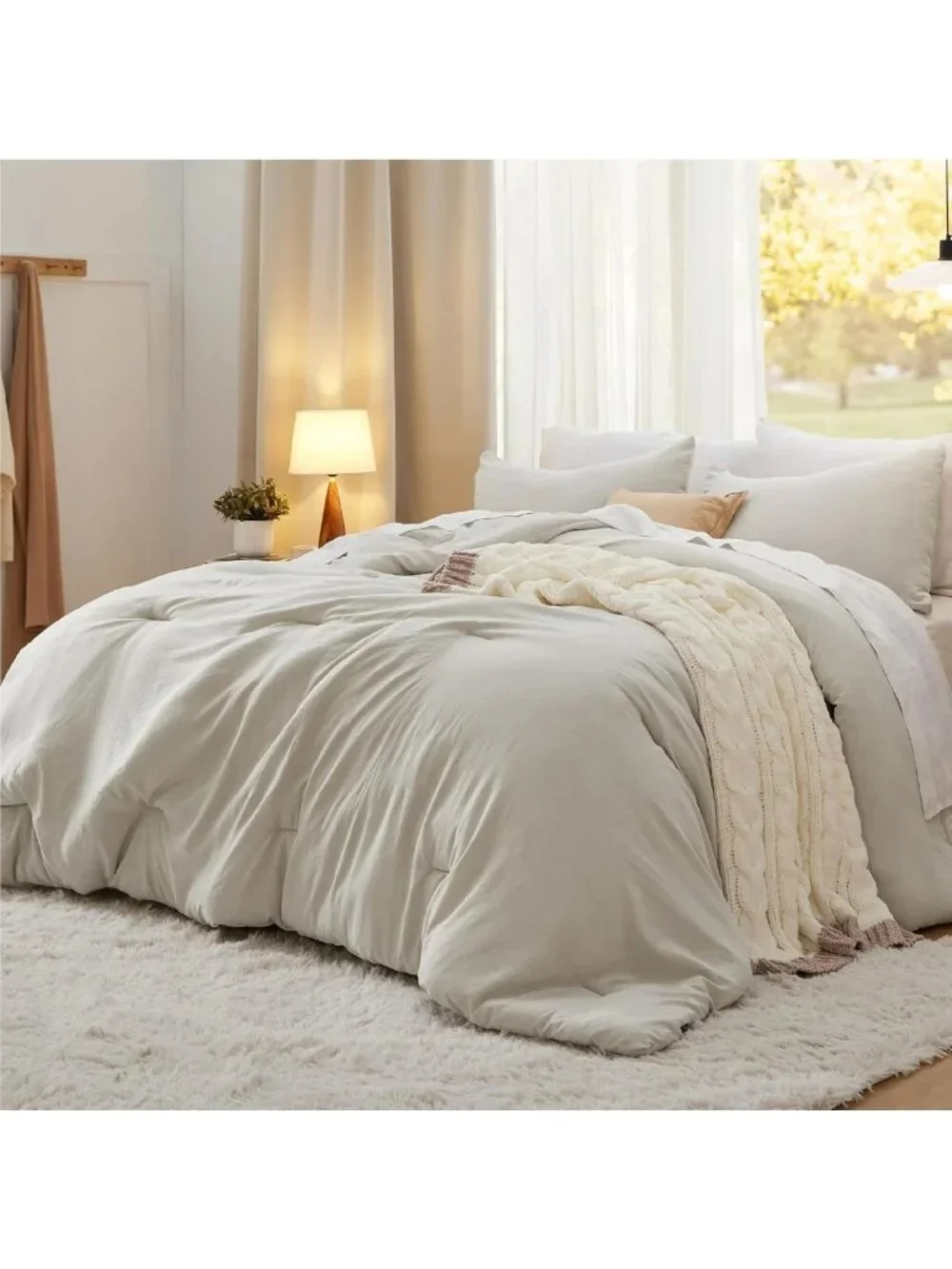 Cozy Beige Queen Comforter Set - Soft Prewashed Bedding, 3-Piece All-Season Bed